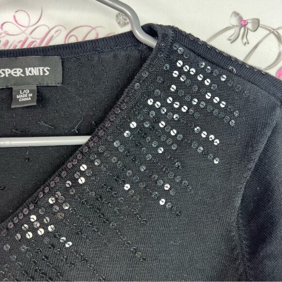 Kasper Knits sweater sparkly embroidered sequins Black Top with Silver Sequins - Picture 4 of 9